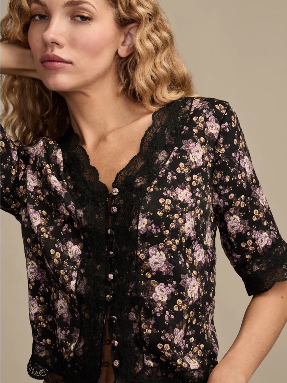 Lucky Brand Black Floral Lace-Trim Button Front Blouse - Picture 5 of 8
